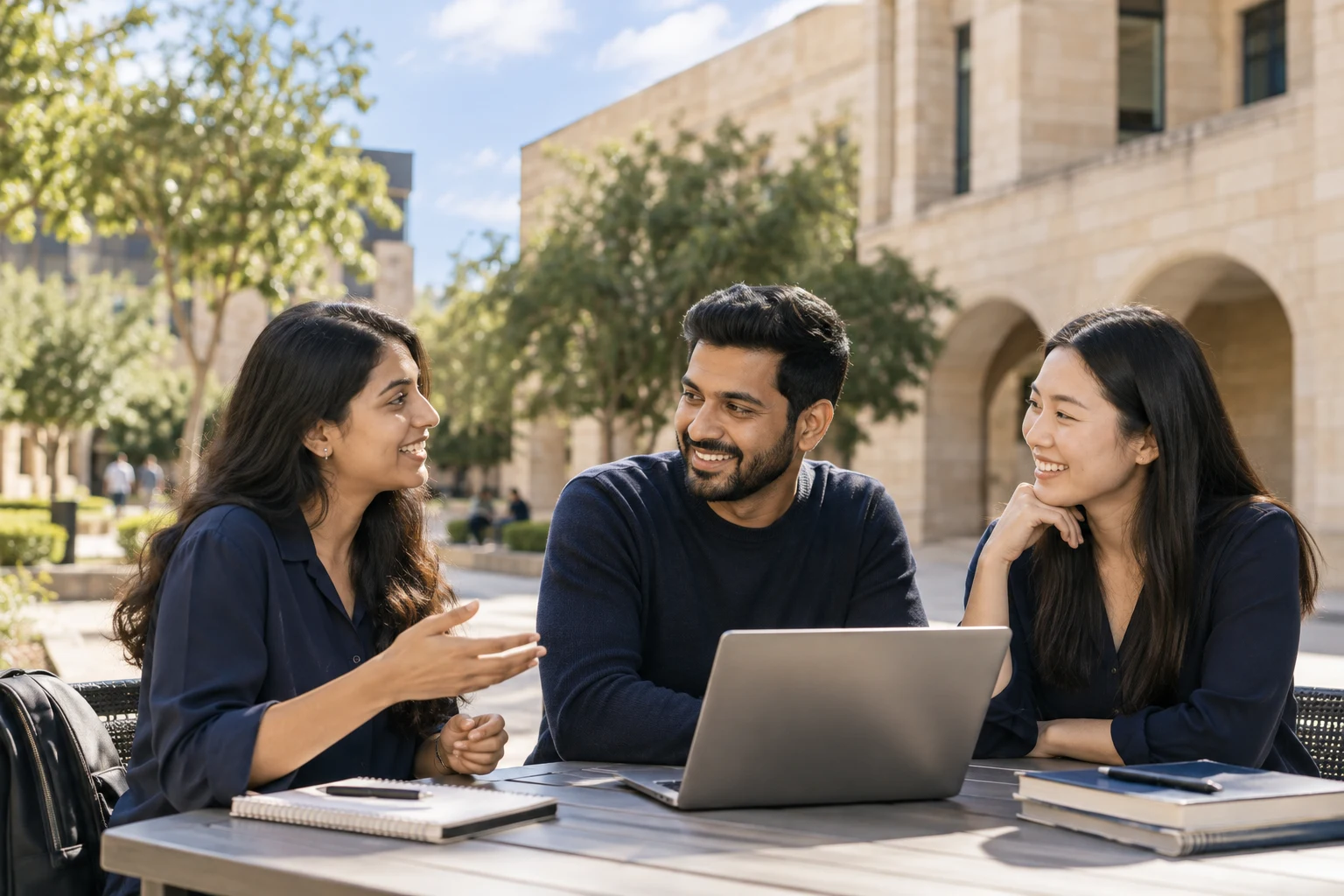 Three adult learners discussing their study plans together in a campus courtyard